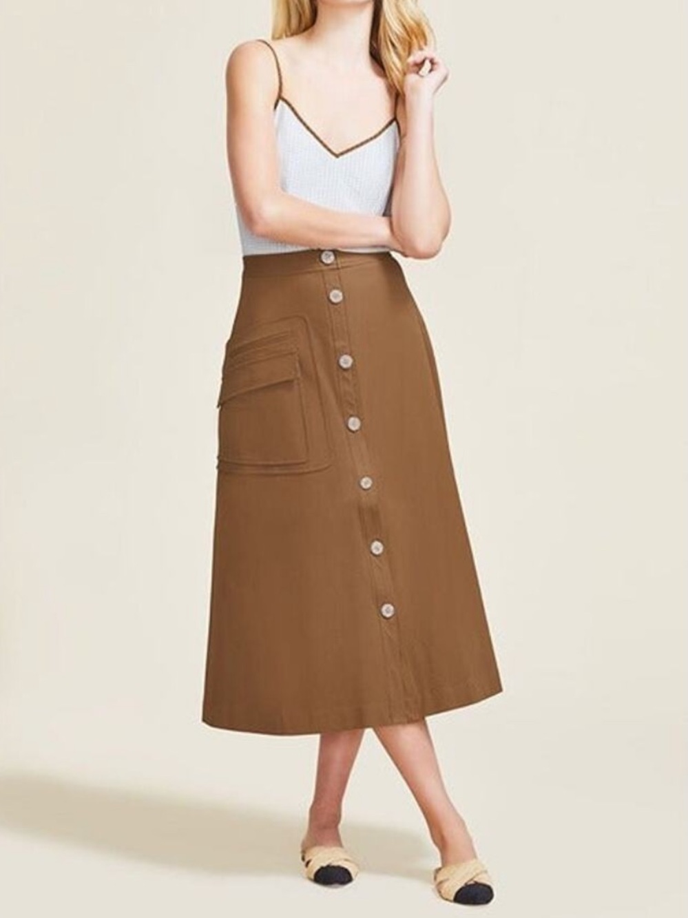 Pearl by Lela Rose Button-Front Brown Midi Stretch Skirt
